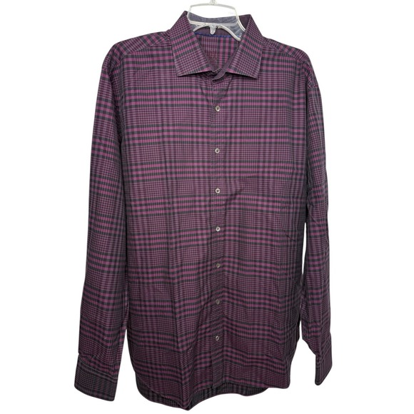 Bugatchi Uomo Mens XL Purple Black Plaid Classic Fit Long Sleeve Button Up Shirt - Picture 2 of 9
